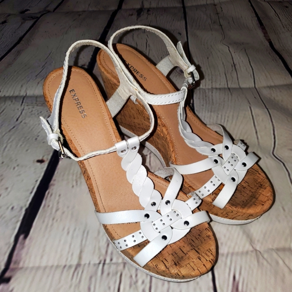 Women's EXPRESS Cork Wrap Wedge Heels Size 9 White Strap Dress Formal